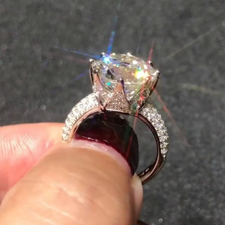 8-Prong Round Giant Diamond Statement Ring, Double Row Pave Wide Cocktail Ring