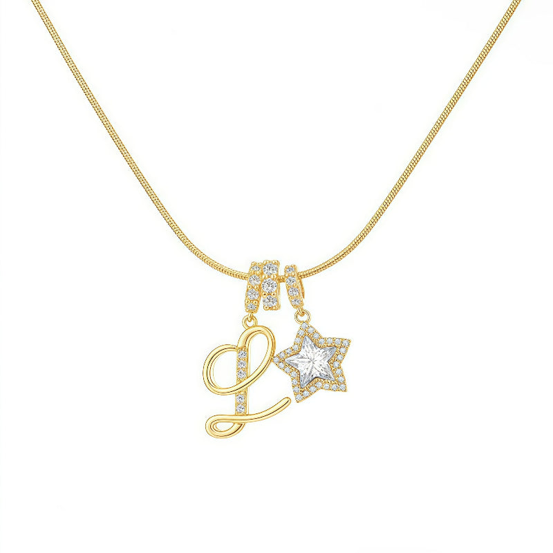 Cursive Initial Letter Diamond Star Pendant Necklace, 26‑Alphabet Snake Chain Necklace