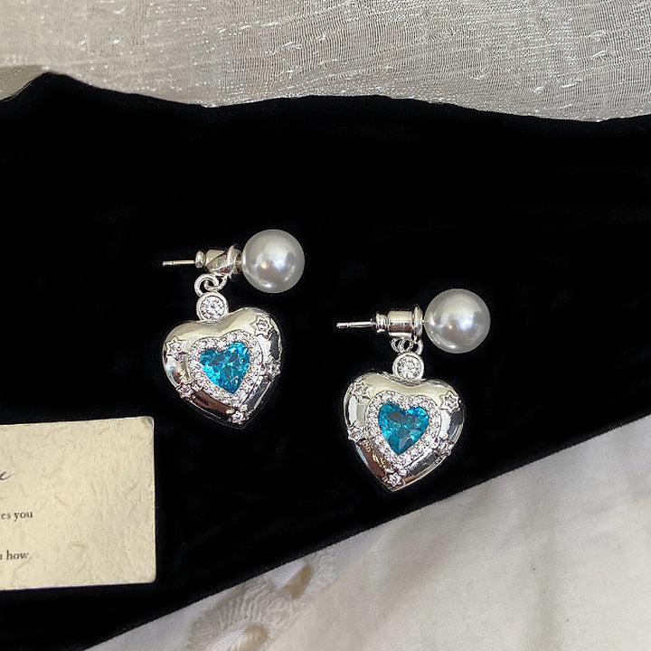 Vintage Heart Locket Jewelry Set, Paved Diamond Photo‑Keep Earring &amp; Necklace With Pearl Detail