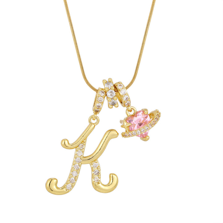 26 Letters Cursive Initial Pink Heart Planet Charm Gold Snake Chain Necklace