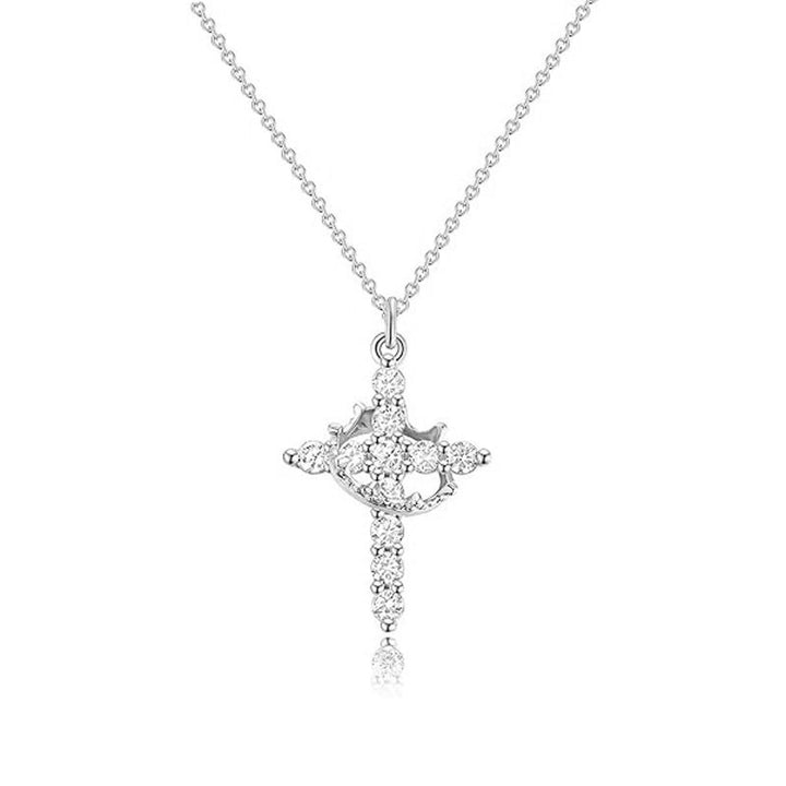 Crown Accent Paved Diamond Cross Necklace, 2 Tone Dainty Faith Collarbone Chain