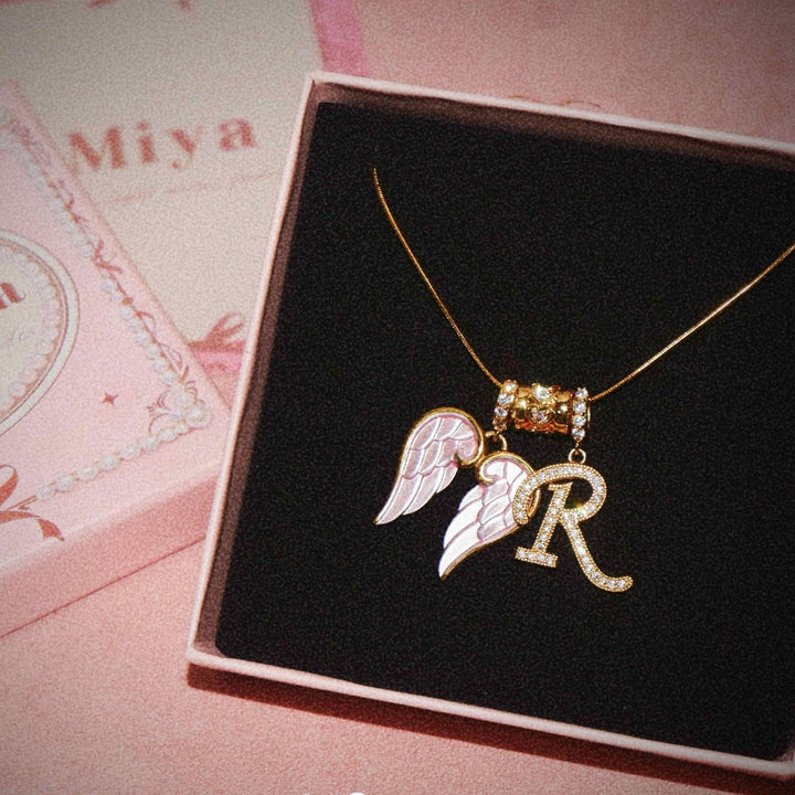 A-Z Diamond Initial Pink Enamel Angel Wing Pendant Necklace, 14K Women Coquette Romantic Stackable Jewelry