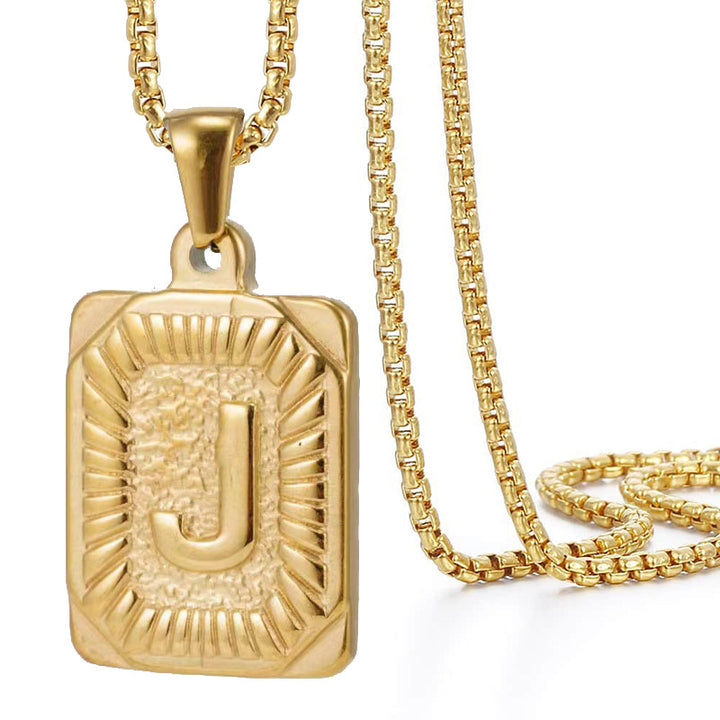 A-Z Vintage Sunburst Initial Tag Pendant Necklace, Personalized Men Women Hip Hop Stackable Statement Jewelry