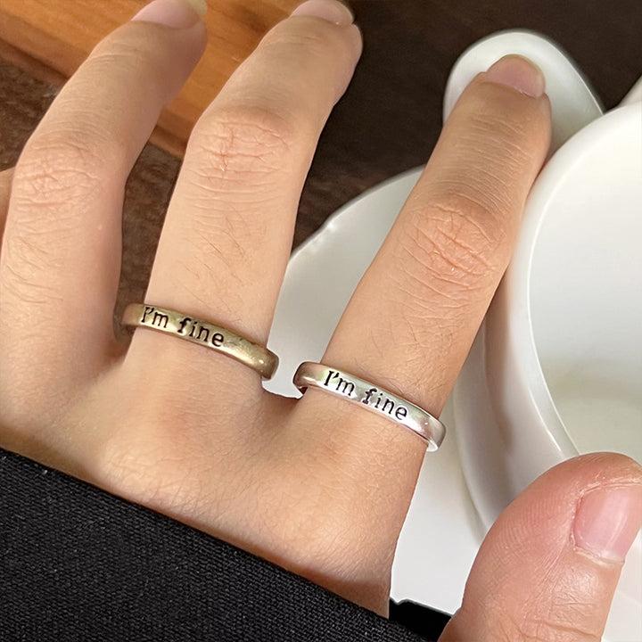 "I'm fine" Engraved Slim Open Ring, Vintage Two-Tone Stackable Text Statement Rings For Women