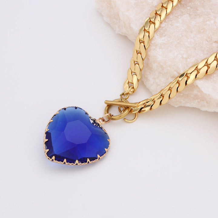 Oversized Faceted Heart Gem Curb Chain Toggle Choker, Cuban Link Love Statement Necklace For Women