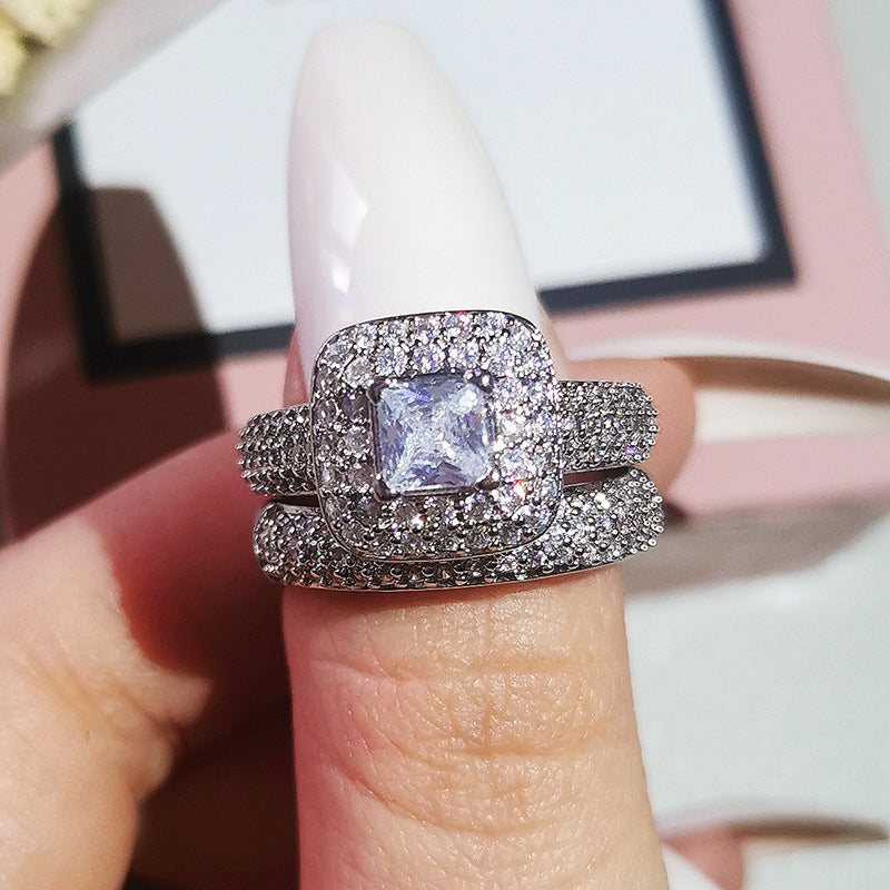 Princess Cut Double Halo Full Pave Silver Bridal Stack Ring Set For Engagement Proposals & Wedding