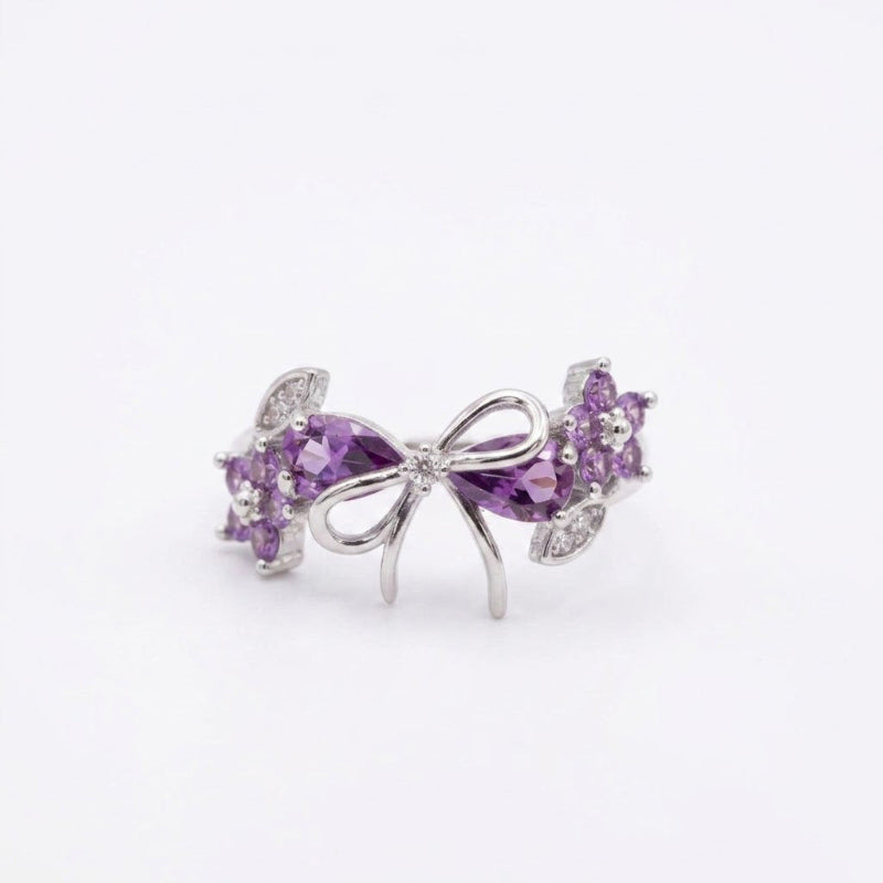 Floral & Bow Diamond Statement Rings, Tone Romantic Whimsical Adjustable open design