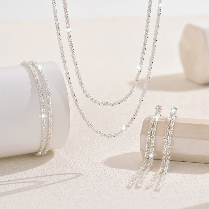 Shimmer Layered Diamond Chain Jewelry Set, Fashionable Double-Layer Stacked Starry Sky Necklace, Earrings, and Bracelet