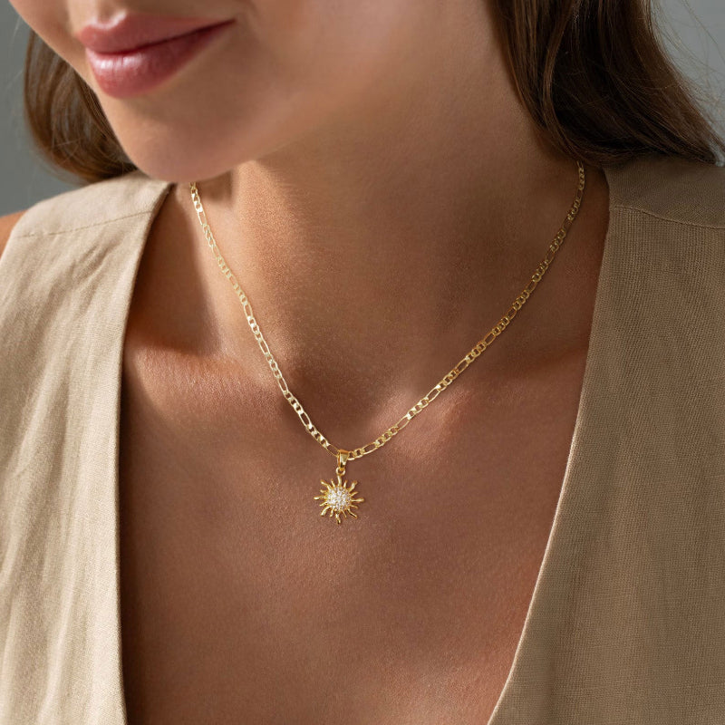 Pave‑Set Diamond Sun Pendant Necklace, Dainty Figaro Chain Necklace in Gold‑Tone &amp; Silver‑Tone