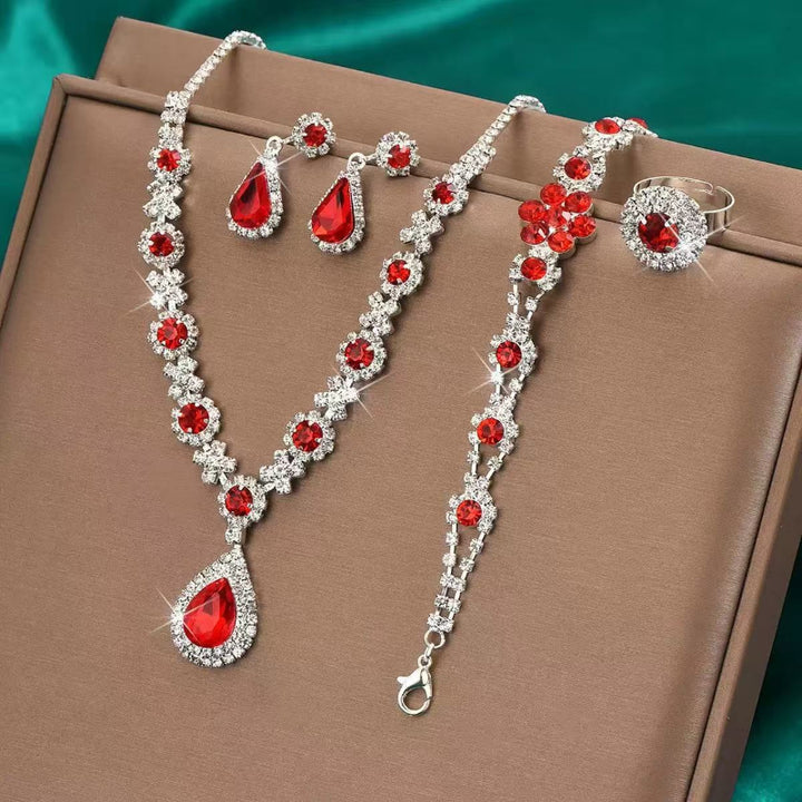 Teardrop Diamond Formal Jewelry 4Pcs Set, Necklace Earrings Bracelet Open Ring Wedding Evening