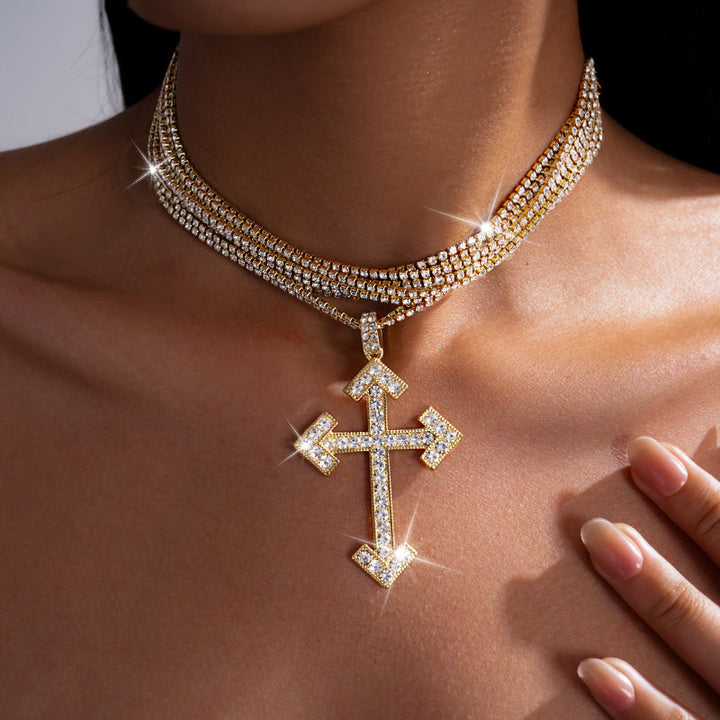 Arrow Cross Pendant Multi-Row Diamonds Choker Necklace, Hip Hop Bling Jewelry