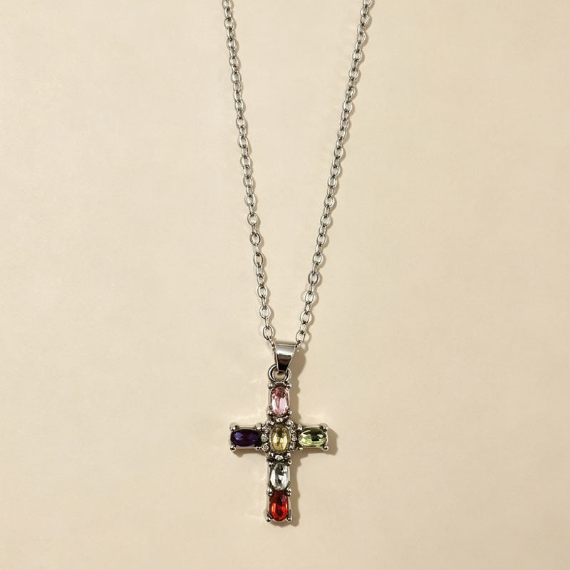 Colorful Gem Cross Pendant Necklace, Ideal for Birthday &amp; Christmas Gift for Women