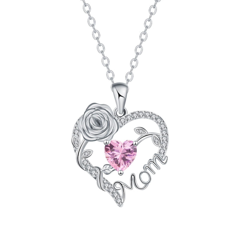 Mom Rose Heart Diamond Pendant Necklace, Hollow Open Heart Floral Jewelry Gift For Mother’s Day Birthday