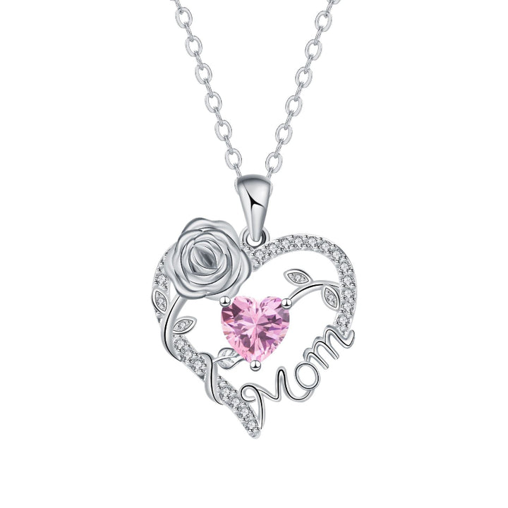 Mom Rose Heart Diamond Pendant Necklace, Hollow Open Heart Floral Jewelry Gift For Mother’s Day Birthday