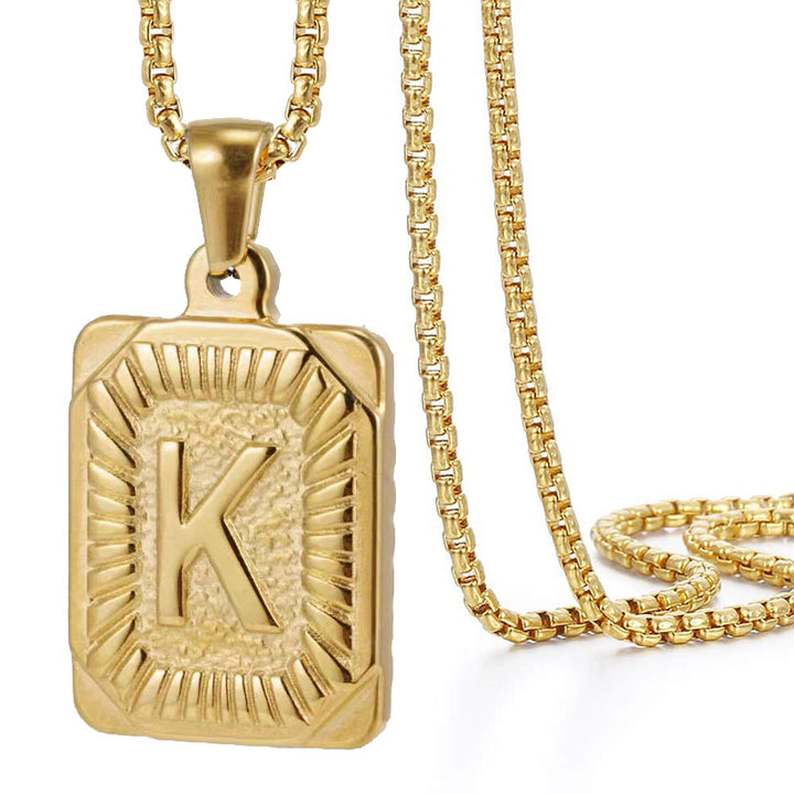A-Z Vintage Sunburst Initial Tag Pendant Necklace, Personalized Men Women Hip Hop Stackable Statement Jewelry