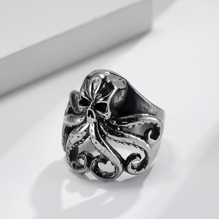 Gothic Skull Octopus Open Adjustable Statement Ring, Retro Deep‑Carved Sea‑Monster Punk Men’s Ring