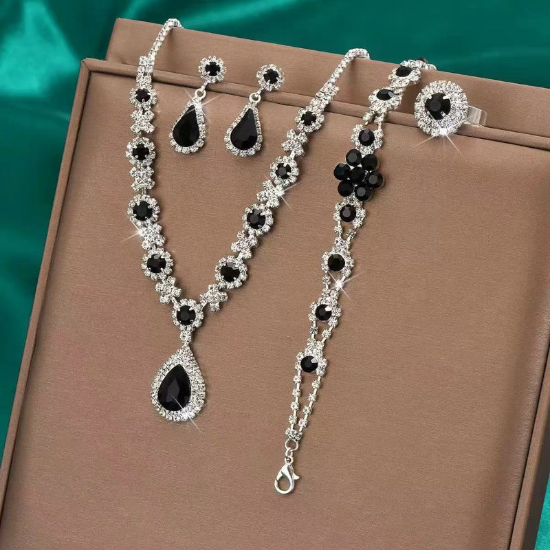 Teardrop Diamond Formal Jewelry 4Pcs Set, Necklace Earrings Bracelet Open Ring Wedding Evening