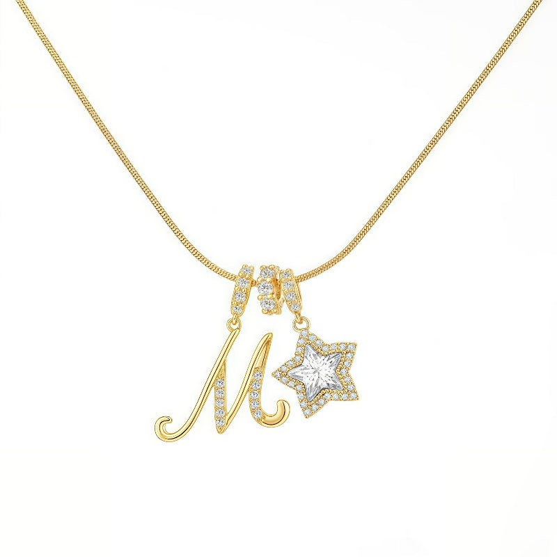 Cursive Initial Letter Diamond Star Pendant Necklace, 26‑Alphabet Snake Chain Necklace