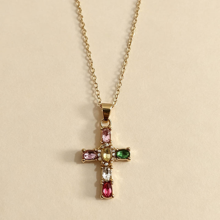 Colorful Gem Cross Pendant Necklace, Ideal for Birthday &amp; Christmas Gift for Women