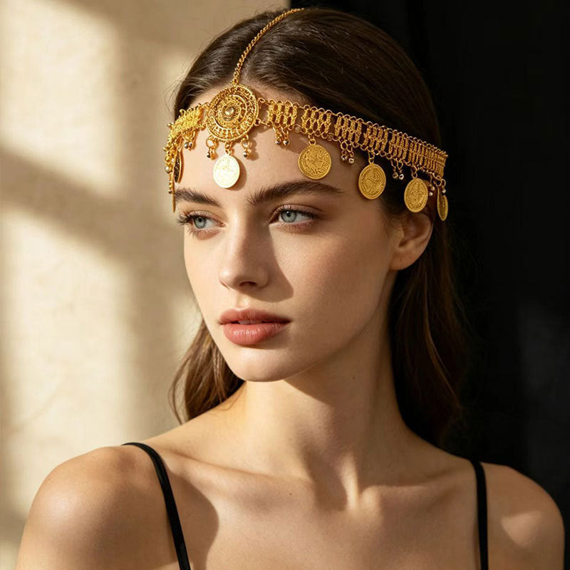 Vintage Boho Coin Gems Head Chain, Retro Tassel Forehead Headpiece for Women