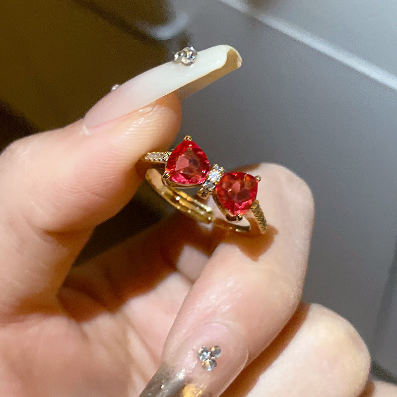 Bow‑Shaped Heart Gem & Diamond Adjustable Open Ring, Elegant Color Statement Ring for Women