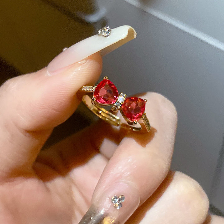 Bow‑Shaped Heart Gem & Diamond Adjustable Open Ring, Elegant Color Statement Ring for Women