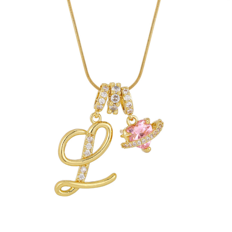 26 Letters Cursive Initial Pink Heart Planet Charm Gold Snake Chain Necklace