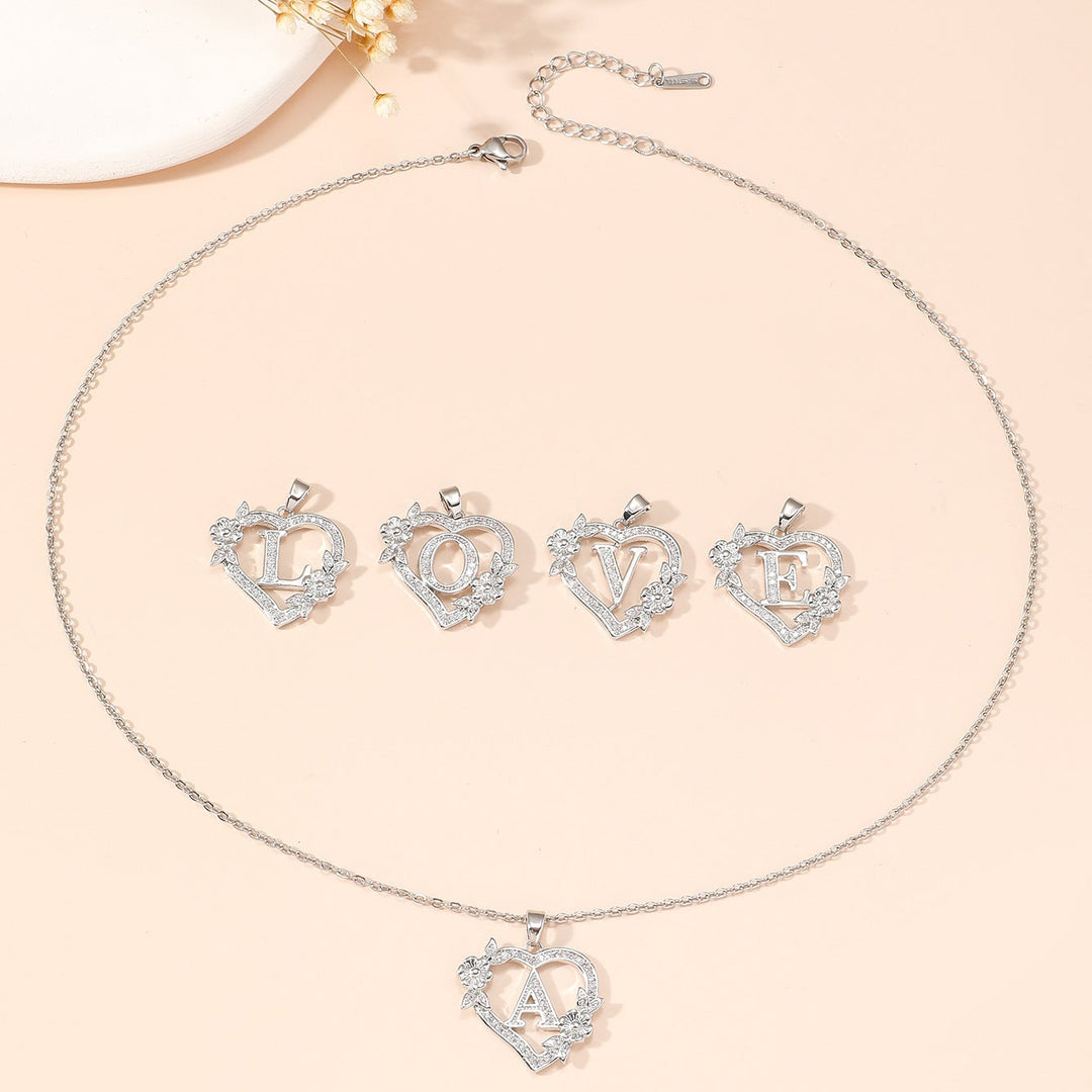 Heart‑Shape Floral 26‑Letter Initial Pendant Necklace, 2‑Tone Option