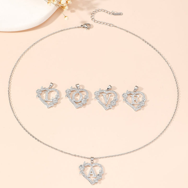 Heart‑Shape Floral 26‑Letter Initial Pendant Necklace, 2‑Tone Option