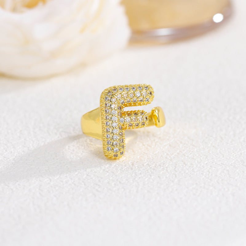 Adjustable Open Iced‑Out Initial Letter Diamond Ring, 26‑Alphabet Statement Unique Style Ring