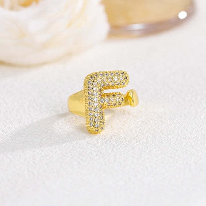 Adjustable Open Iced‑Out Initial Letter Diamond Ring, 26‑Alphabet Statement Unique Style Ring