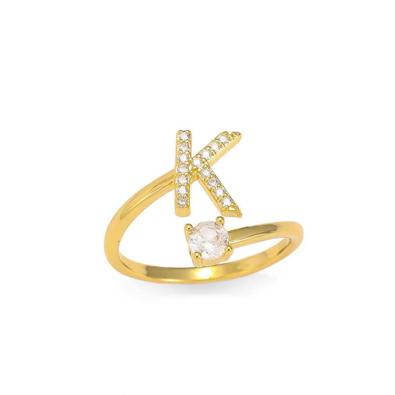26 Letters Pave Initial Open Ring, Dainty Personalized Stackable Signet Ring