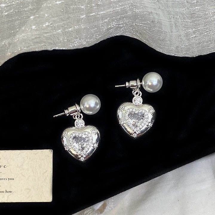Vintage Heart Locket Jewelry Set, Paved Diamond Photo‑Keep Earring &amp; Necklace With Pearl Detail