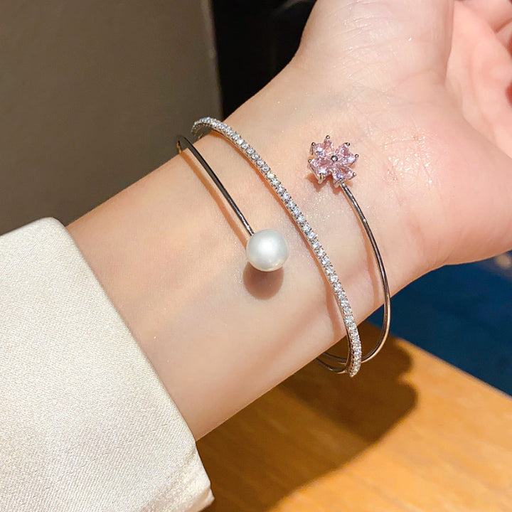 Pink Flower Diamond & Pearl Double Layer Open Cuff Bangle, Elegant Stackable Wrist Bracelet for Women