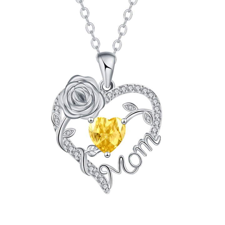 Mom Rose Heart Diamond Pendant Necklace, Hollow Open Heart Floral Jewelry Gift For Mother’s Day Birthday