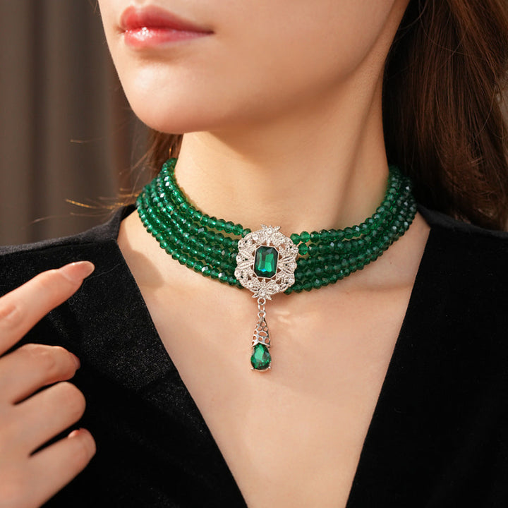 Multi‑Layer Gemstone Choker Jewelry Set, Luxury Teardrop Pendant Earrings and Necklace Set