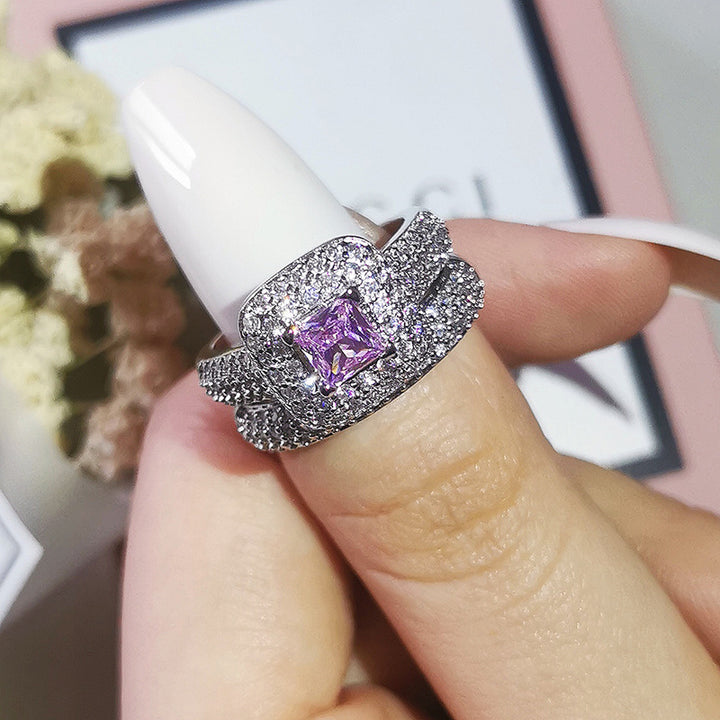 Princess Cut Double Halo Full Pave Silver Bridal Stack Ring Set For Engagement Proposals & Wedding