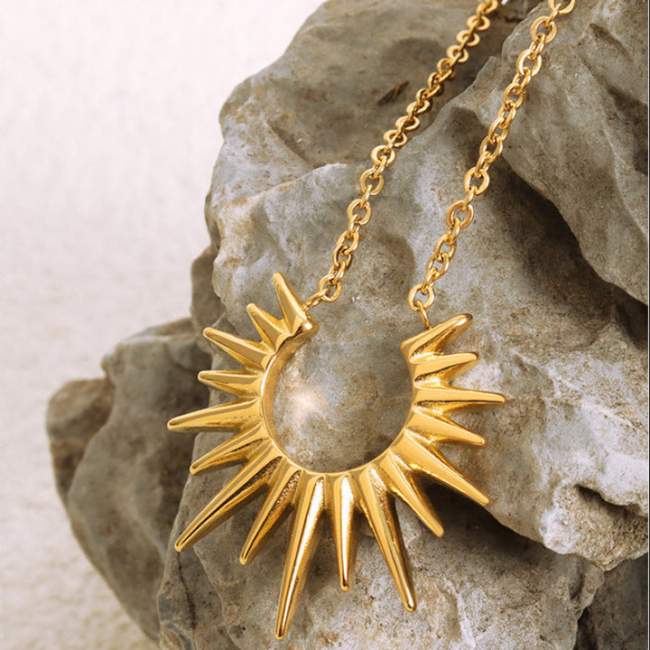 Crescent Sunburst Dainty Pendant Necklace, 18K Gold Silver Minimal Solar Collarbone Chain
