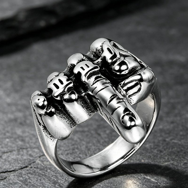 Bold Skeleton Middle Finger Statement Ring, Retro Gothic Biker Men’s Ring