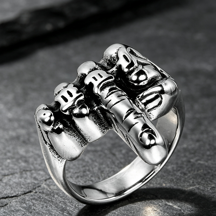 Bold Skeleton Middle Finger Statement Ring, Retro Gothic Biker Men’s Ring