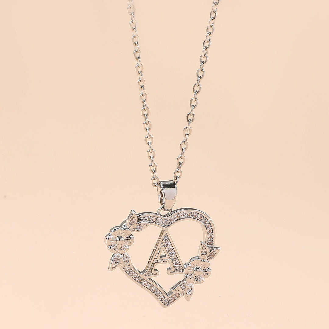 Heart‑Shape Floral 26‑Letter Initial Pendant Necklace, 2‑Tone Option