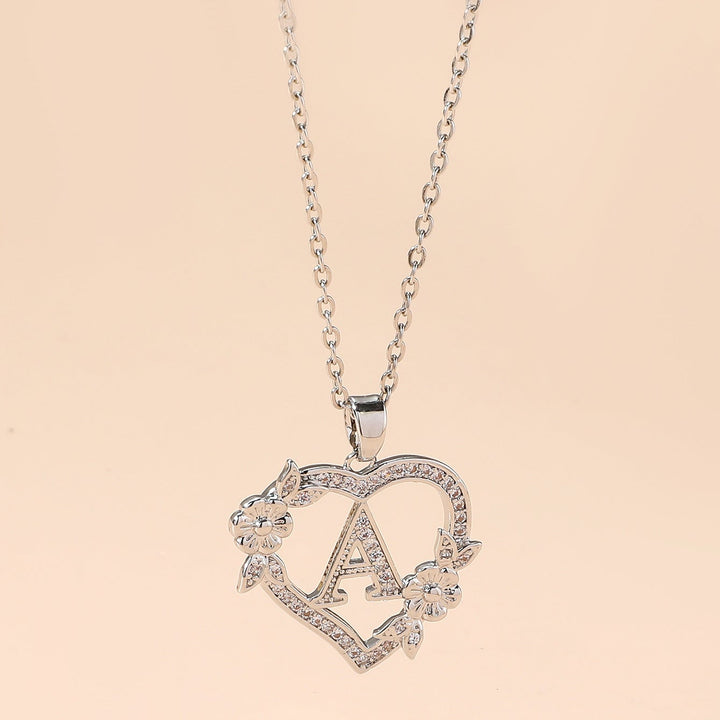 Heart‑Shape Floral 26‑Letter Initial Pendant Necklace, 2‑Tone Option