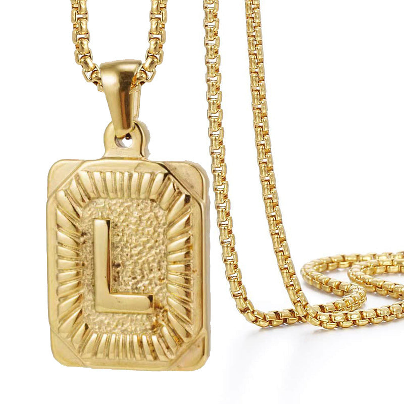 A-Z Vintage Sunburst Initial Tag Pendant Necklace, Personalized Men Women Hip Hop Stackable Statement Jewelry