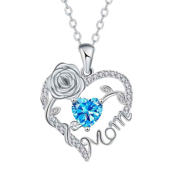 Mom Rose Heart Diamond Pendant Necklace, Hollow Open Heart Floral Jewelry Gift For Mother’s Day Birthday
