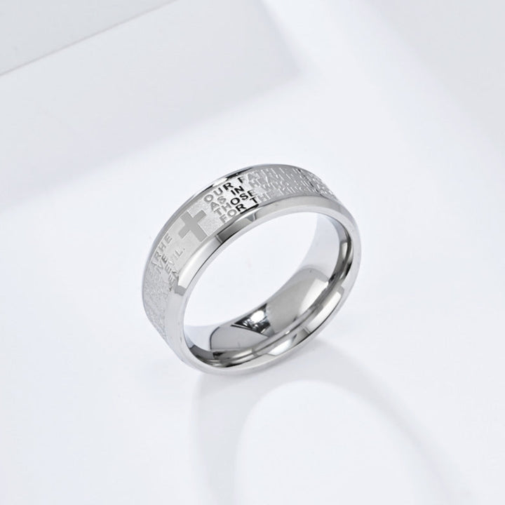 Men’s Cross Engraved Text Band Ring, Multi‑Color Edge Faith Style Ring