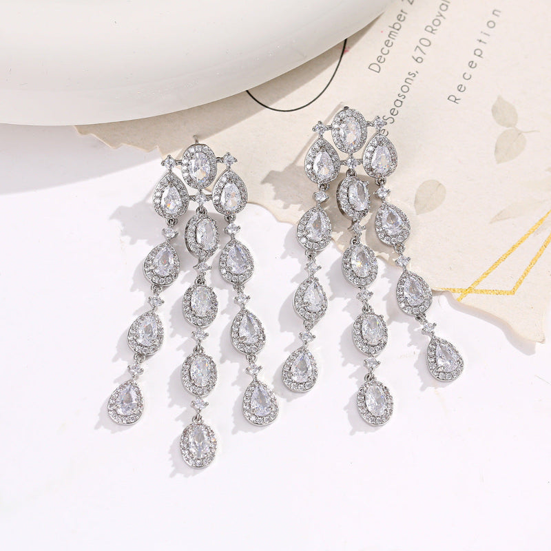Long Tassel Halo Gemstone Drop Earrings Collection, Silver & Gold Tone Formal Statement Jewelry