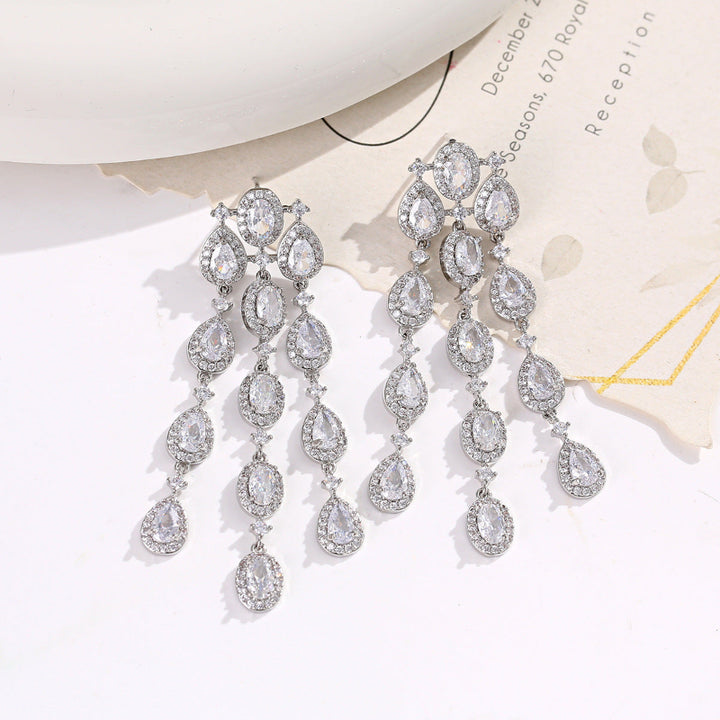 Long Tassel Halo Gemstone Drop Earrings Collection, Silver & Gold Tone Formal Statement Jewelry