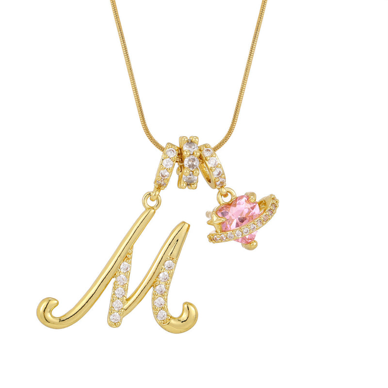 26 Letters Cursive Initial Pink Heart Planet Charm Gold Snake Chain Necklace