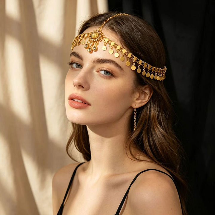 Vintage Boho Coin Gems Head Chain, Retro Tassel Forehead Headpiece for Women