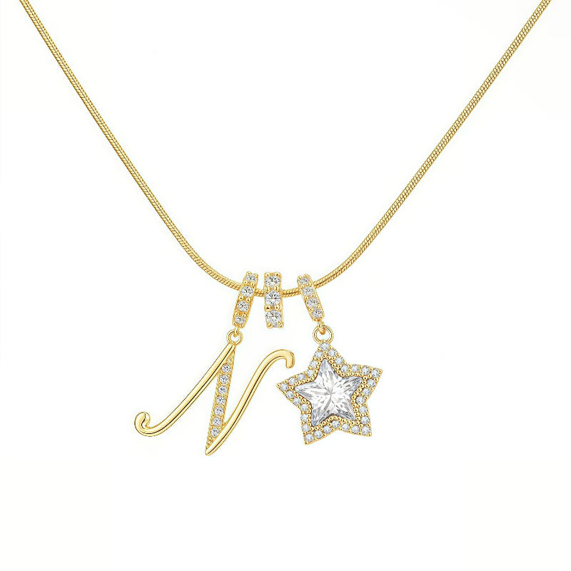 Cursive Initial Letter Diamond Star Pendant Necklace, 26‑Alphabet Snake Chain Necklace